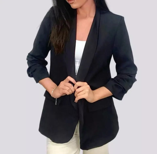 LUXEDIVA Womens Ruched Sleeve Fully Lined Blazer Collared Casual Ladies Formal Jacket Top