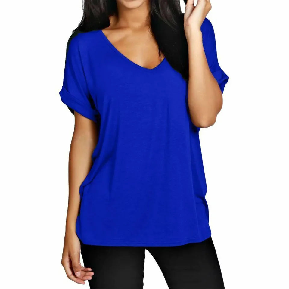 Womens T Shirt Ladies Oversized Baggy Turn Up Batwing Loose V Neck Plus Size Top