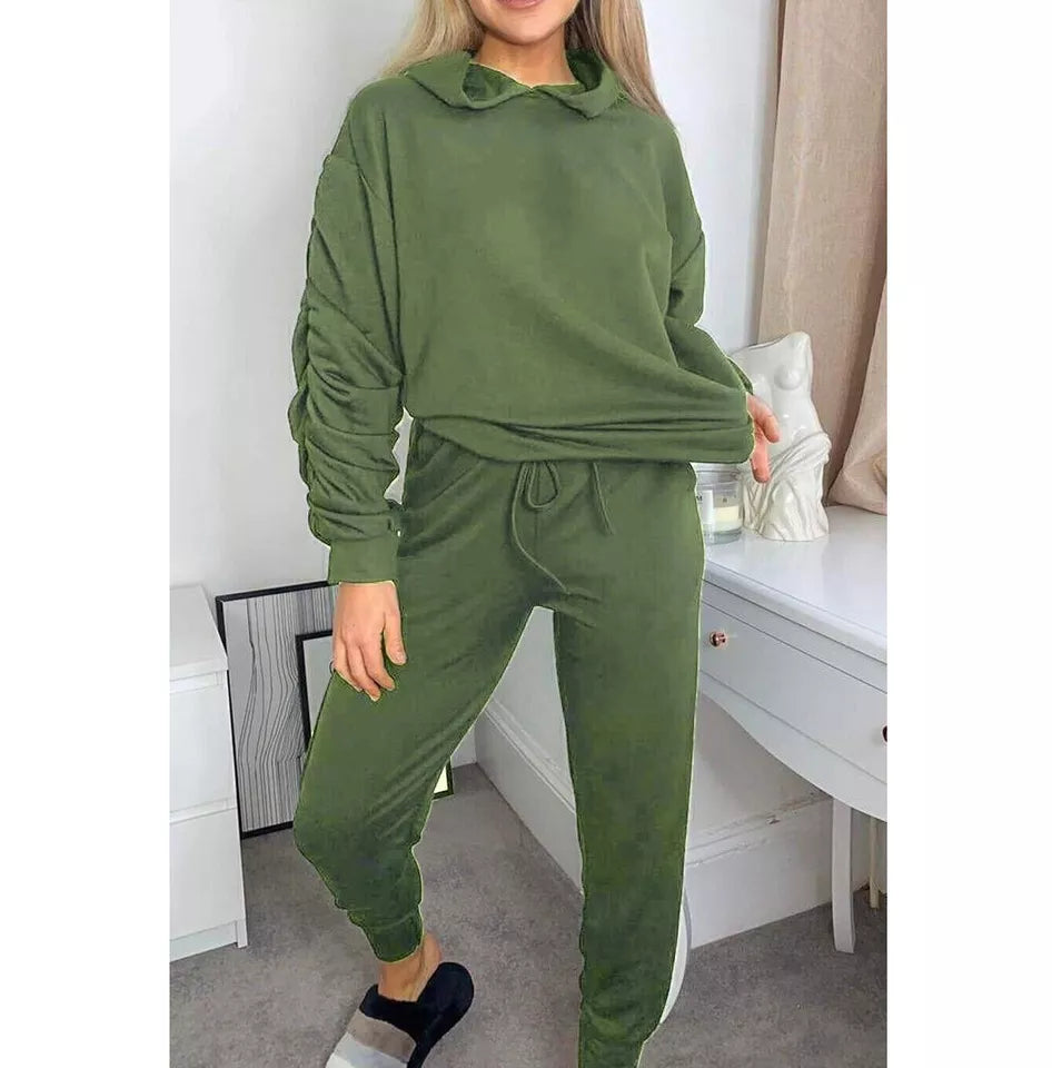 LUXE DIVA Women Ladies Ruched Sleeve Hoodie top & Bottom Suit Loungewear Tracksuit Set UK