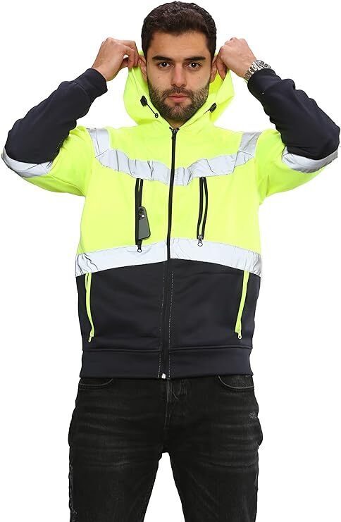 LUXE DIVA Hi Viz Vis High Visibility Jacket 5 Zips 4 Pocket Hoodie Work Zip Hooded Top