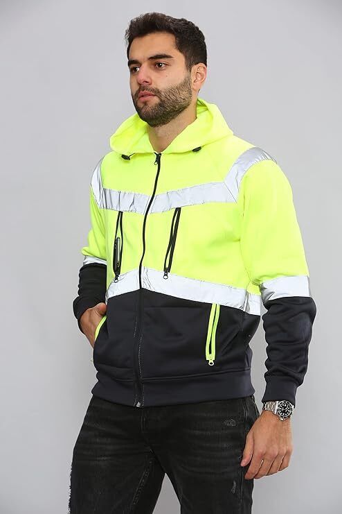 LUXE DIVA Hi Viz Vis High Visibility Jacket 5 Zips 4 Pocket Hoodie Work Zip Hooded Top