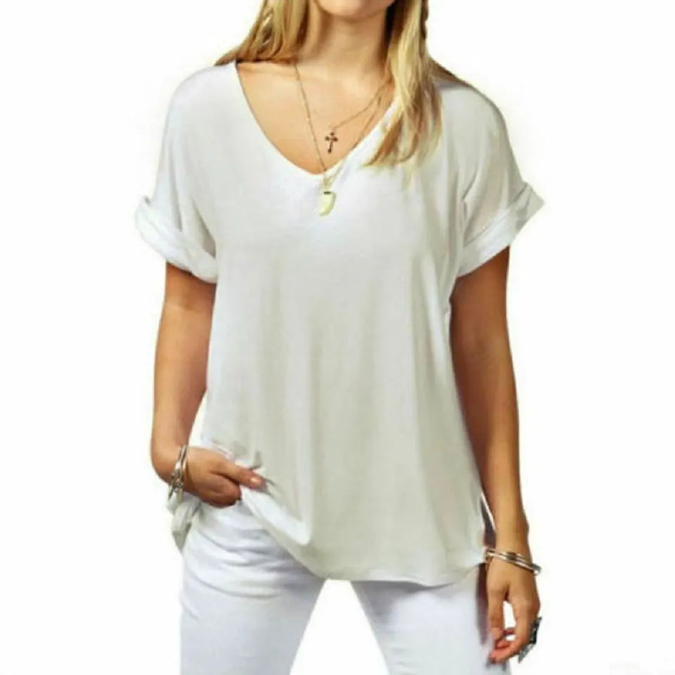 Womens T Shirt Ladies Oversized Baggy Turn Up Batwing Loose V Neck Plus Size Top