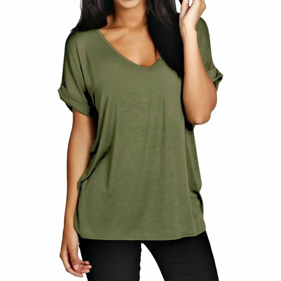 Womens T Shirt Ladies Oversized Baggy Turn Up Batwing Loose V Neck Plus Size Top