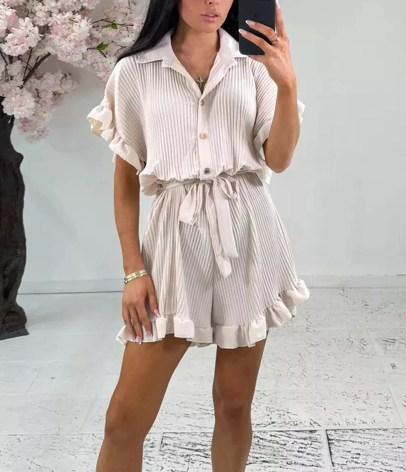 LUXEDIVA Ladies Belted Pleated Collard Smock Frill Shirt Dress Women Gold Button Playsuit