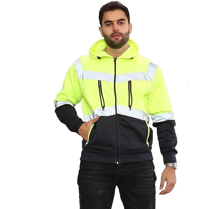 LUXE DIVA Hi Viz Vis High Visibility Jacket 5 Zips 4 Pocket Hoodie Work Zip Hooded Top