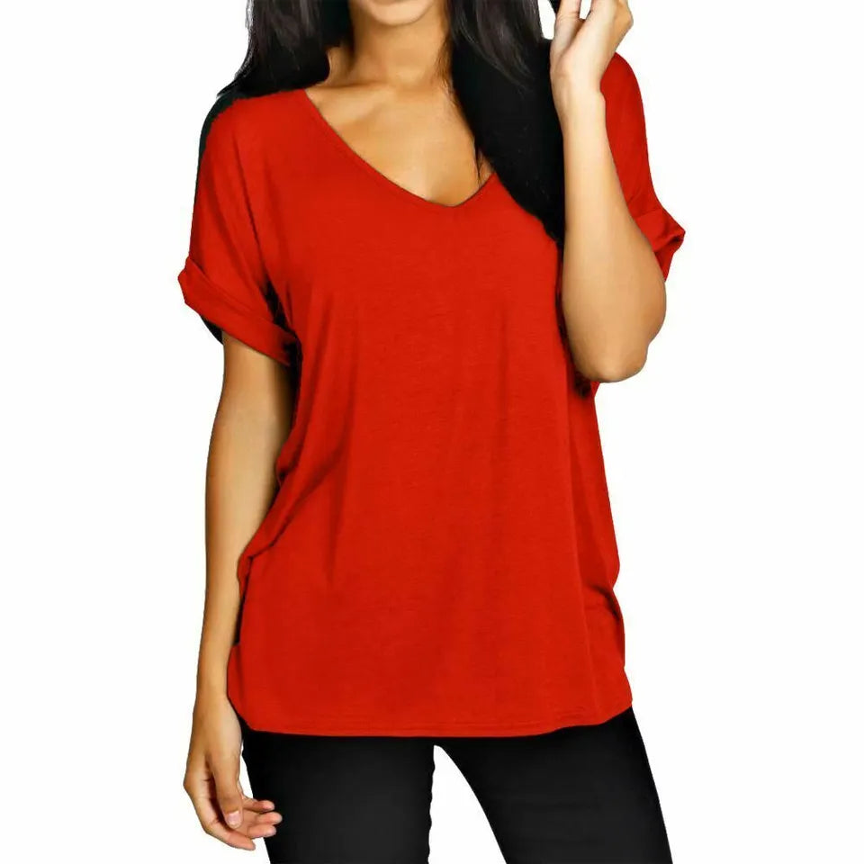 Womens T Shirt Ladies Oversized Baggy Turn Up Batwing Loose V Neck Plus Size Top