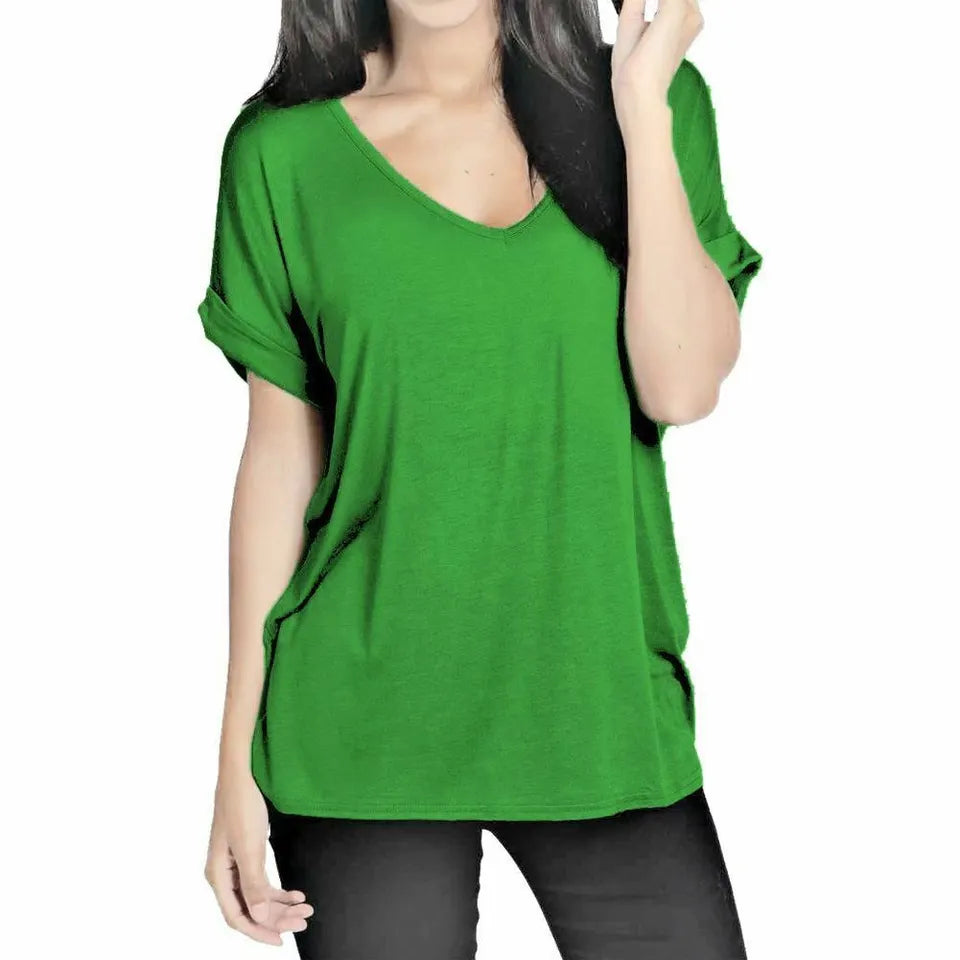 Womens T Shirt Ladies Oversized Baggy Turn Up Batwing Loose V Neck Plus Size Top