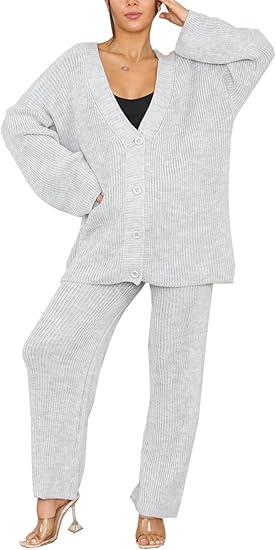 LADIES 2 PIECE CHUNKY KNIT LOUNGE WEAR SUIT ITALAIN  4 BUTTON V/N CARDIGAN OVERSIZE WIDE LEG KNIT TRS LEGGINGS