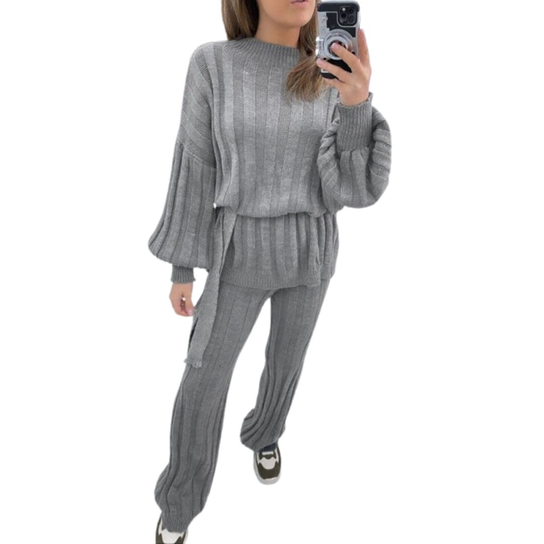 LUXE DIVA Womens Ladies Chunky Knitted High Roll Bottoms Set Loungewear Suit Tracksuit