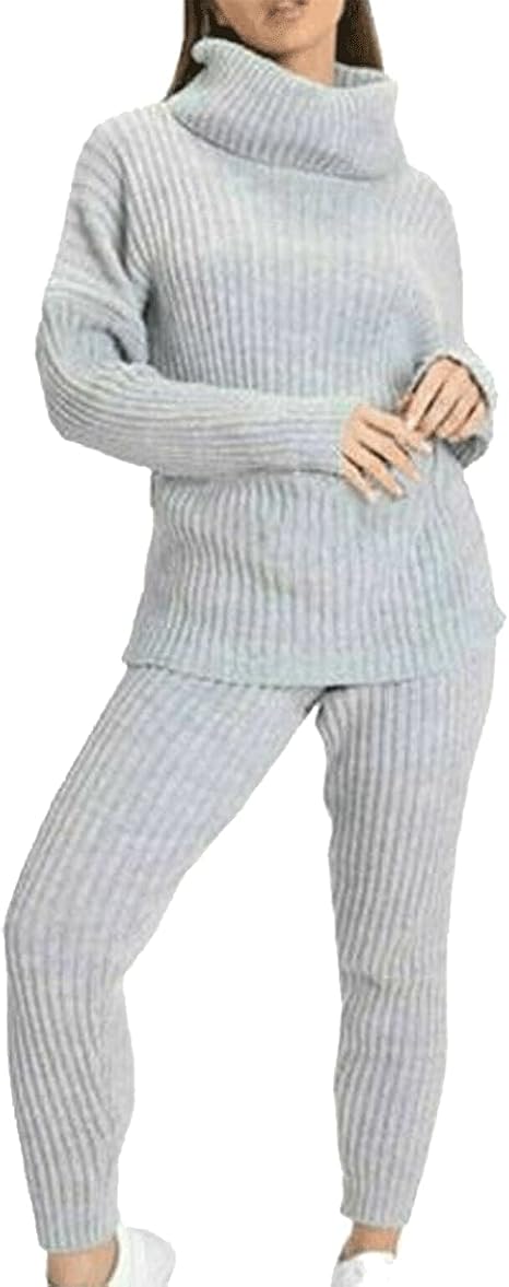 Ladies chunky knitted Ribbed polo high neck top leggings loungewear suit set