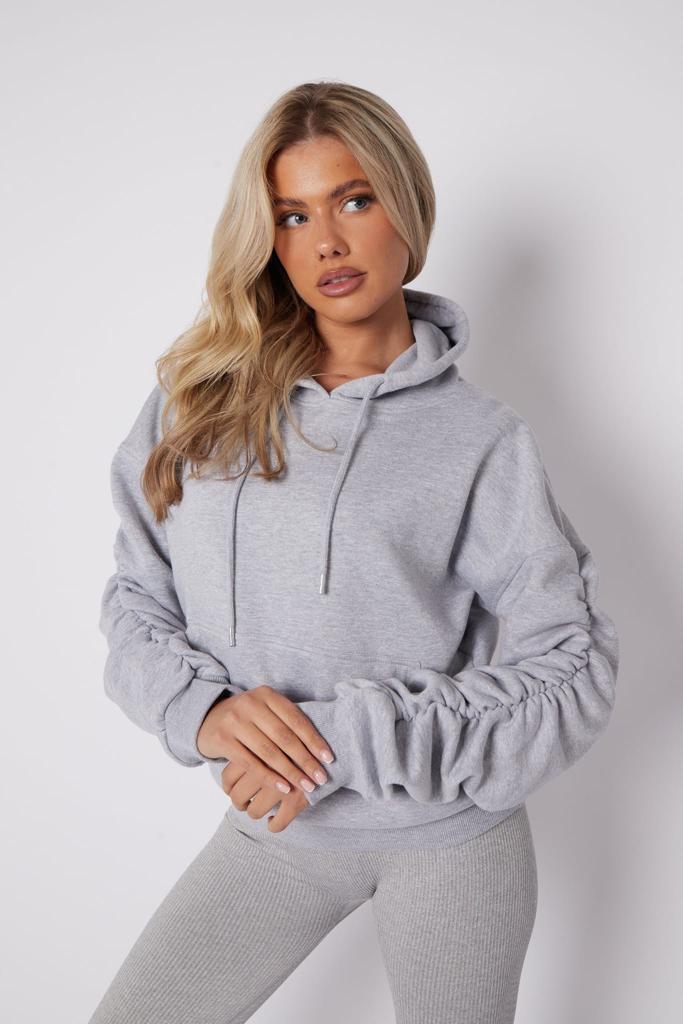 Ladies Ruched Sleeve Fleece Oversized Hooded Sweatshirt Hoodie Womens Top Jumper