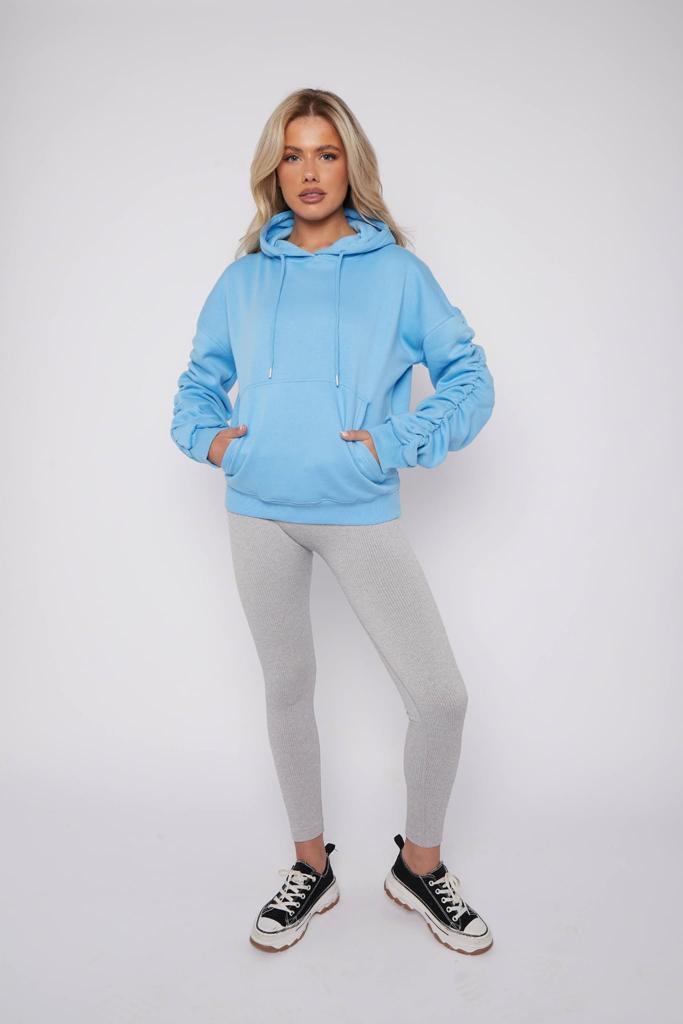 Ladies Ruched Sleeve Fleece Oversized Hooded Sweatshirt Hoodie Womens Top Jumper