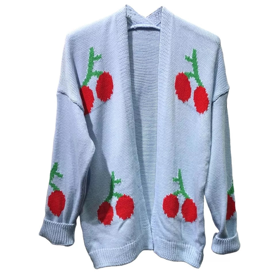 LUXE DIVA Womens Long Sleeve Cherries Print Open Front Knitted Jumper Cardigan 8-14