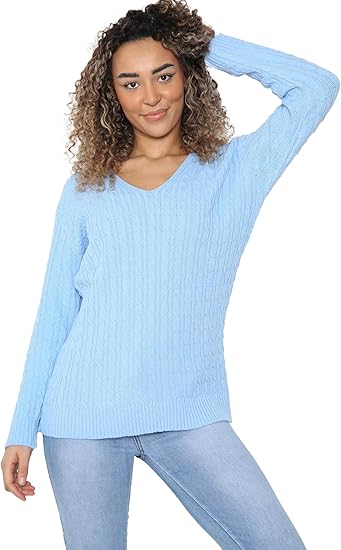 LUXE DIVA Women’s Long Sleeve V Neck Chunky Cable Knit Jumper for Ladies Casual Pullover Sweater for Women UK Size 8-22