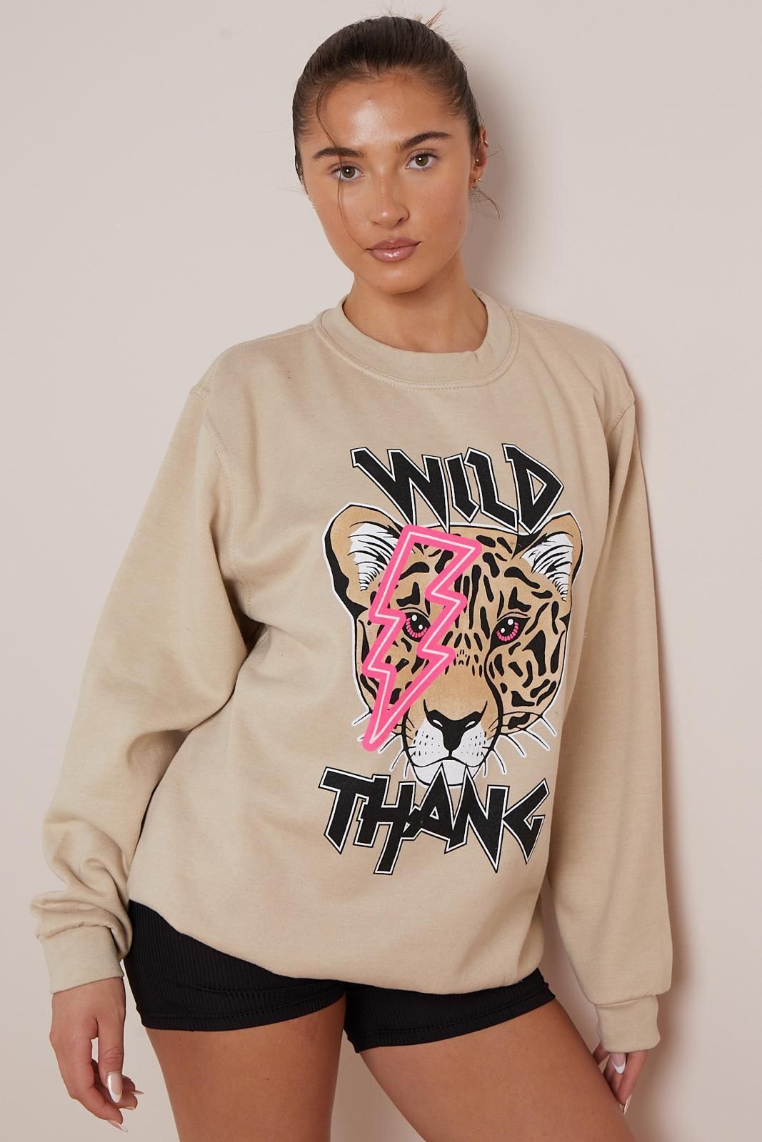 Ladies Wild Thang Tiger Print Slogan Sweatshirt Womens Halloween Jumper Casual Top Ladies Oversized Sweater Jumper Top