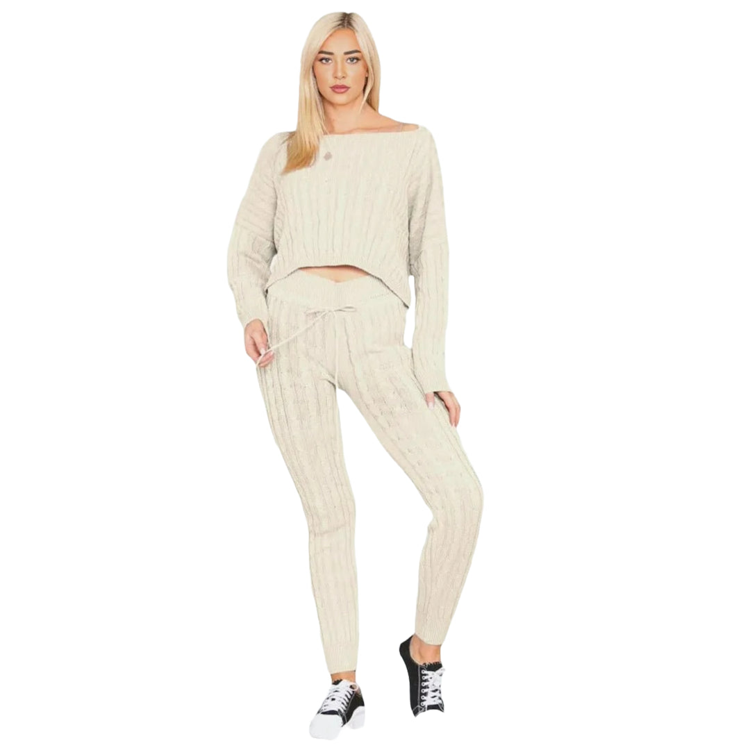 Womens Loungewear Ladies Cable Knitted Top Bottom Two Piece Co-Ords Set Tracksuit Sizes 8-14