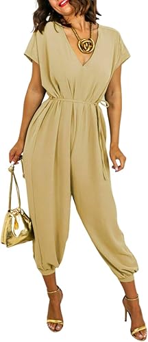 LUXE DIVA Womens V Neck Tie Belted Waist Parachute Wide Leg Jumpsuit Ladies Harem Playsuit