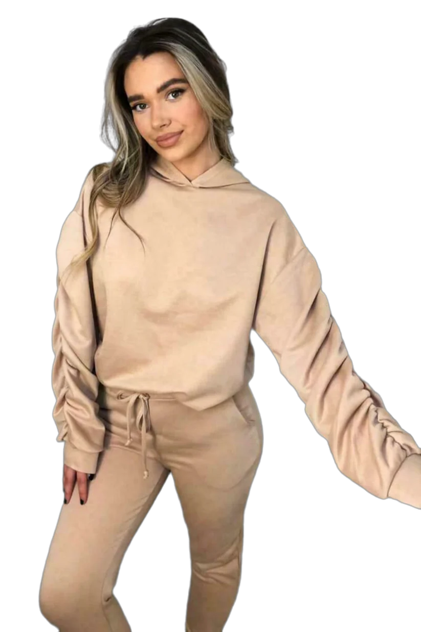 LUXE DIVA Women Ladies Ruched Sleeve Hoodie top & Bottom Suit Loungewear Tracksuit Set UK