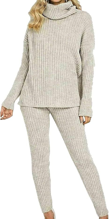 Ladies chunky knitted Ribbed polo high neck top leggings loungewear suit set