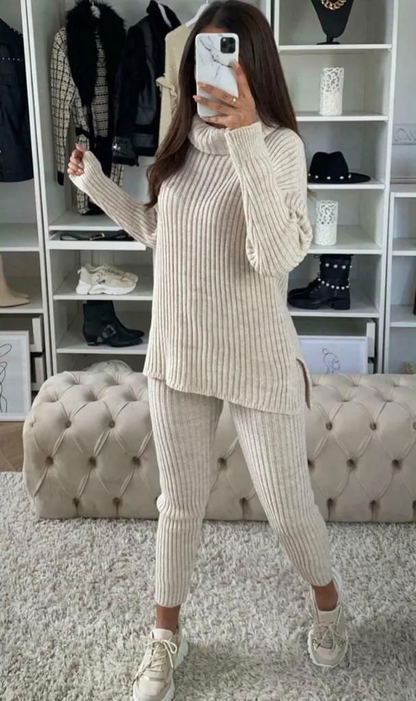 LUXE DIVA Ladies Chunky Cable Knitted Polo High Neck Top Leggings Lounge wear Suit Set