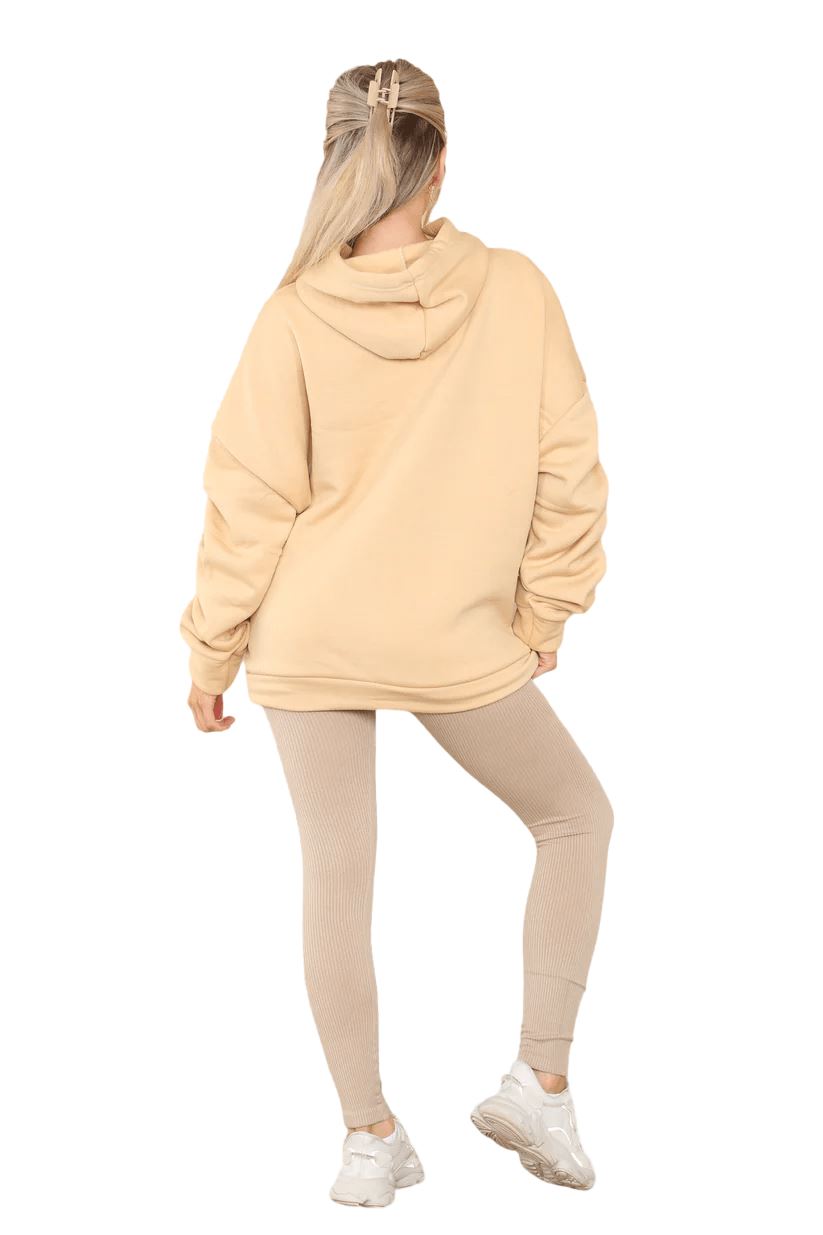 Womens Ladies Ruched Sleeve Fleece Hoodie Oversized Hooded Sweatshirt Jumper Top