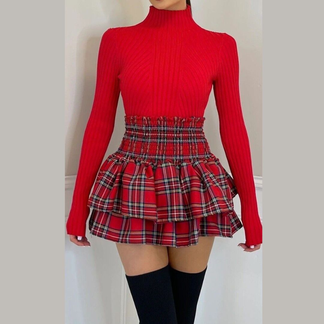 LUXE DIVA Women Ladies Frill Mini RARA Skirt Tartan Check Pleat Gathering Mini Party Skirt