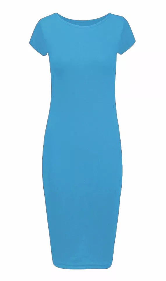 Ladies Short Sleeve Midi Dress Bodycon Cap Maxi Midi Dress