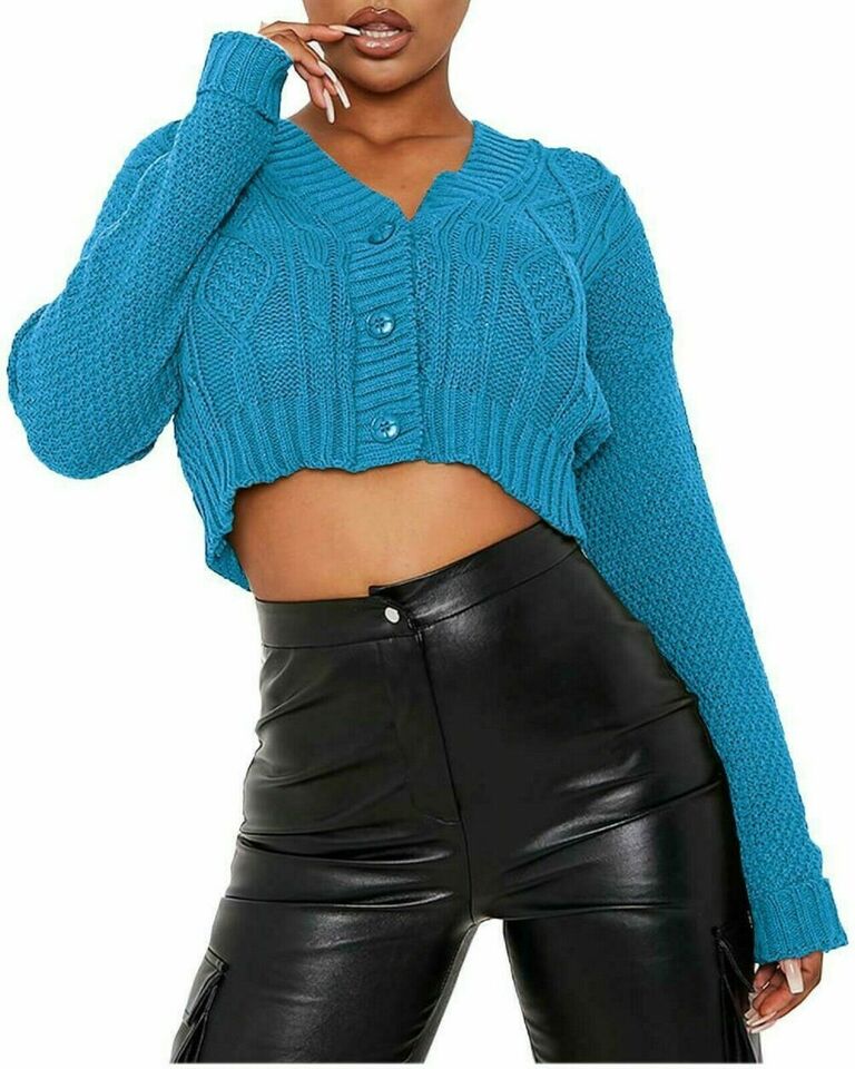 NEW Women's Chunky Cable Knitted Cardigan 3 Button Long Sleeves Crop Top Short