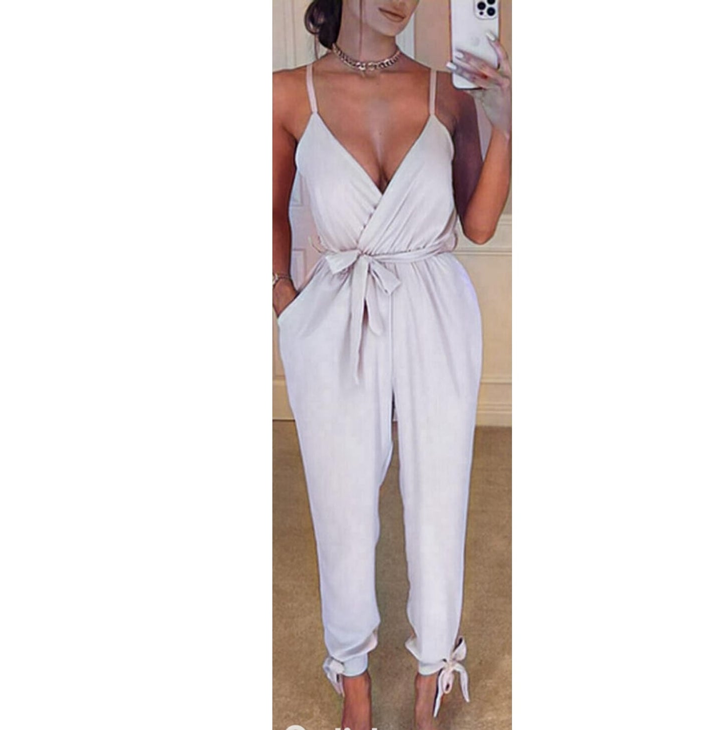 LUXE DIVA Women's V Neck Wrap Over Ankle Tie Waist Jumpsuit Ladies Harem Wide Leg Playsuit