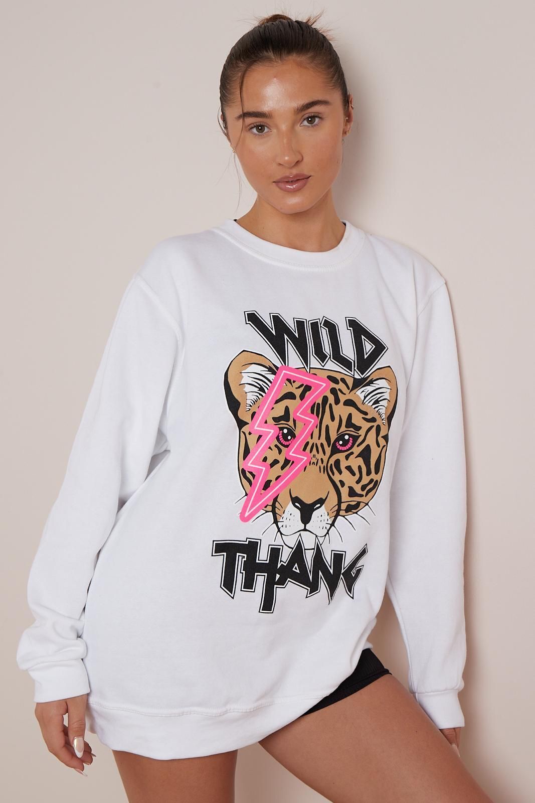 Ladies Wild Thang Tiger Print Slogan Sweatshirt Womens Halloween Jumper Casual Top Ladies Oversized Sweater Jumper Top