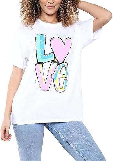 New Womens Ladies Short Sleeve Oversize Colorful LOVE Print Summer T-Shirt Top