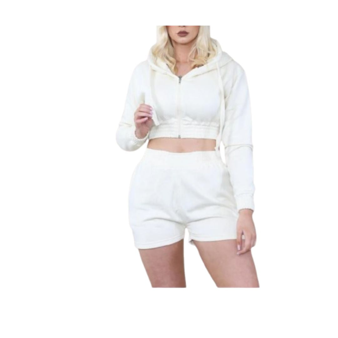 Womens Cropped Zip Up long Sleeve Hoodie And Shorts Lounge Set