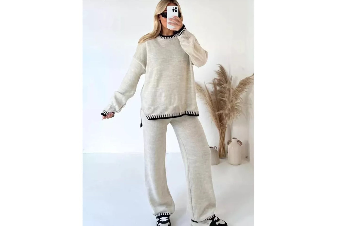 LUXE DIVA Ladies Knitted Stitched Wide Leg 2PCS Co-ord Suit Sweater Loungewear Set