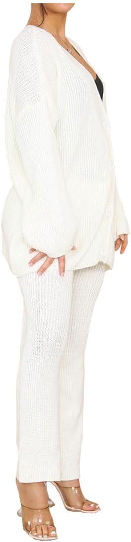 LADIES 2 PIECE CHUNKY KNIT LOUNGE WEAR SUIT ITALAIN  4 BUTTON V/N CARDIGAN OVERSIZE WIDE LEG KNIT TRS LEGGINGS