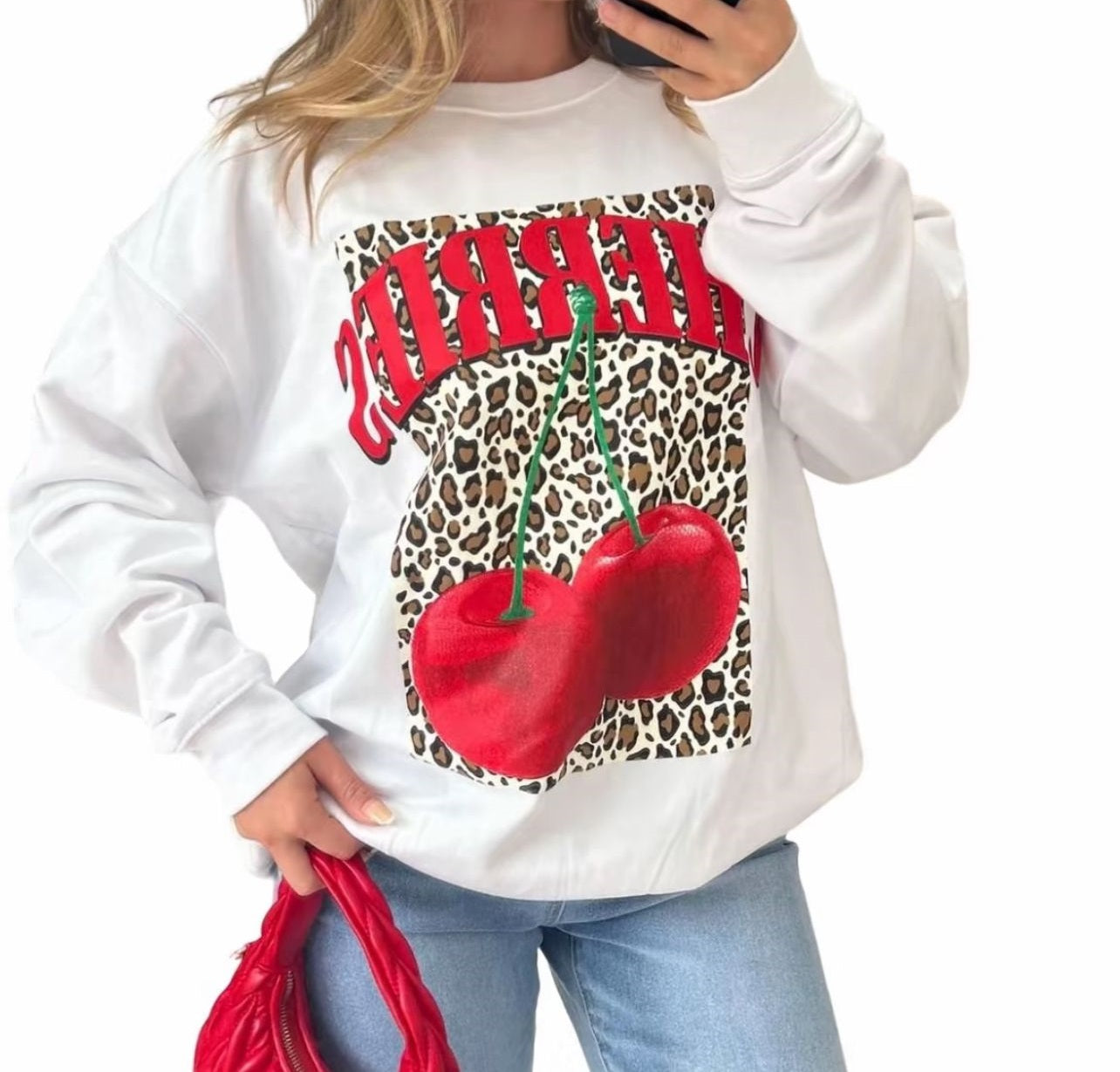 LUXE DIVA Ladies Long Sleeve Cherries Leopard Print Sweatshirt