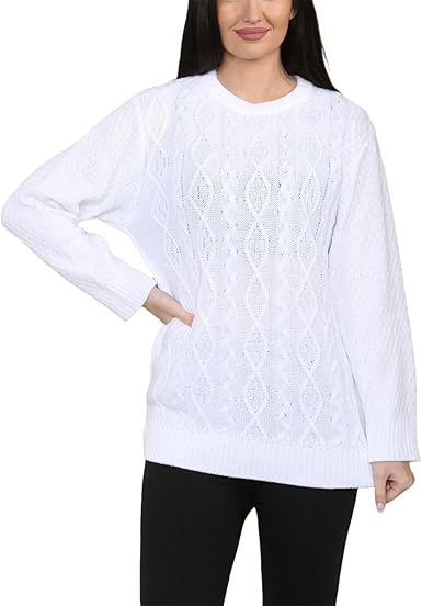 LUXE DIVA LADIES ROUND NECK LONG SLEEVE KNITTED JUMPER SELF PATTERN WITH DIAMOND ALL WAY DOWN CABLE KNIT Clothing Comfort