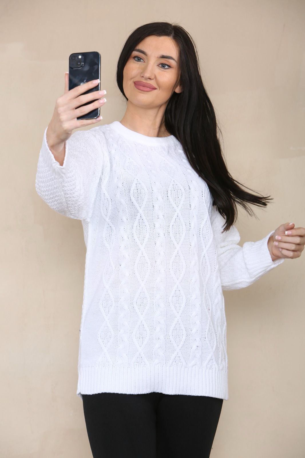 LUXE DIVA LADIES ROUND NECK LONG SLEEVE KNITTED JUMPER SELF PATTERN WITH DIAMOND ALL WAY DOWN CABLE KNIT