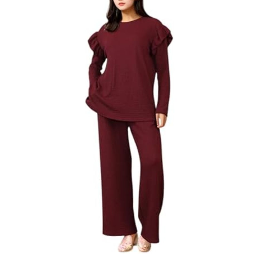 LUXE DIVA Ladies Frill arm Long Sleeve 2pcs Women's Wide Flared Leggings Trouser Loungewear Suit