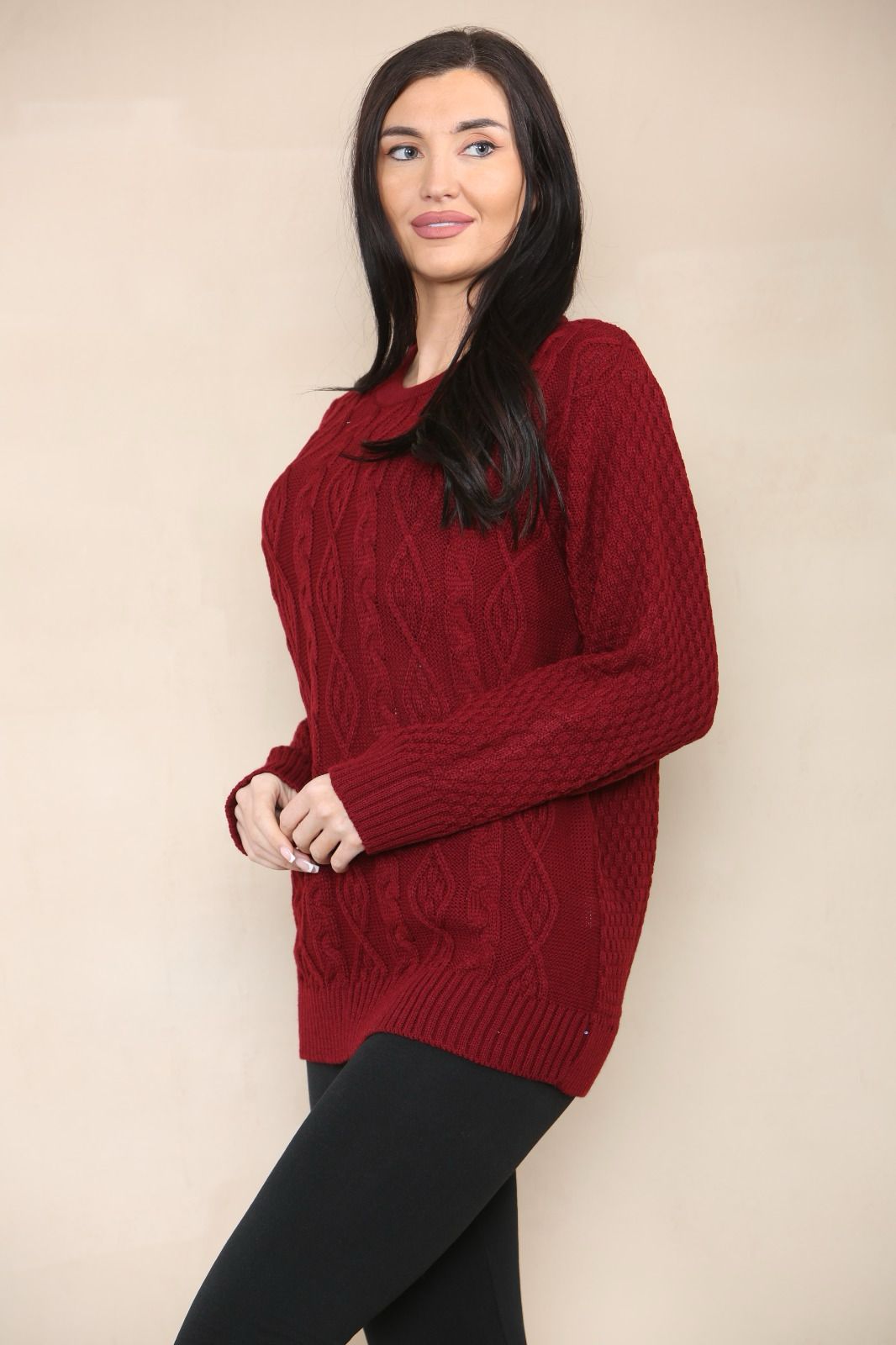 LUXE DIVA LADIES ROUND NECK LONG SLEEVE KNITTED JUMPER SELF PATTERN WITH DIAMOND ALL WAY DOWN CABLE KNIT