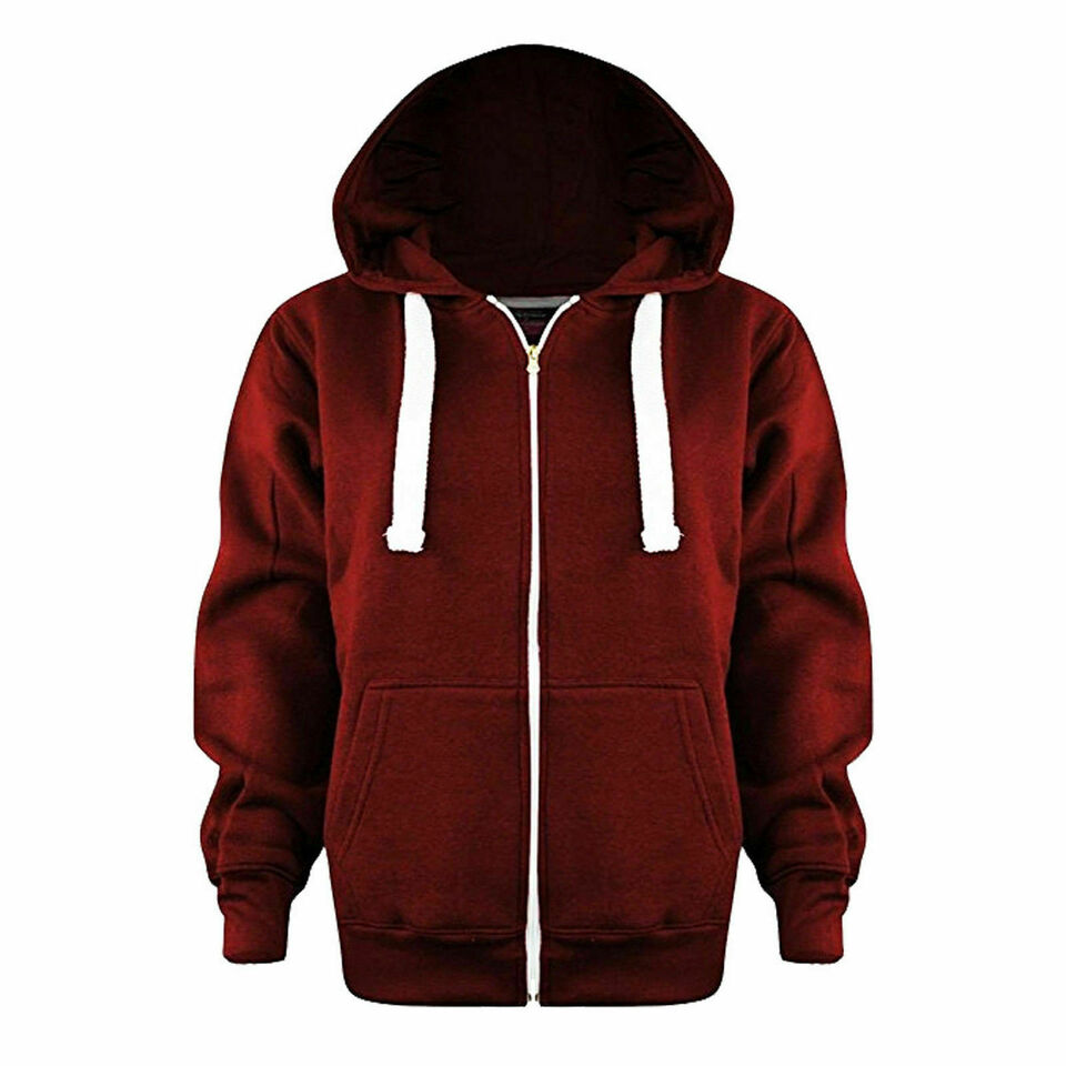 Girls Boys Children Fleece Plain Hoodie Top Kids Hooded Jacket Zip Up Warm Hoody 3-13 Years