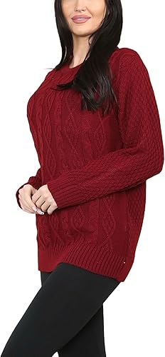 LUXE DIVA LADIES ROUND NECK LONG SLEEVE KNITTED JUMPER SELF PATTERN WITH DIAMOND ALL WAY DOWN CABLE KNIT Clothing Comfort