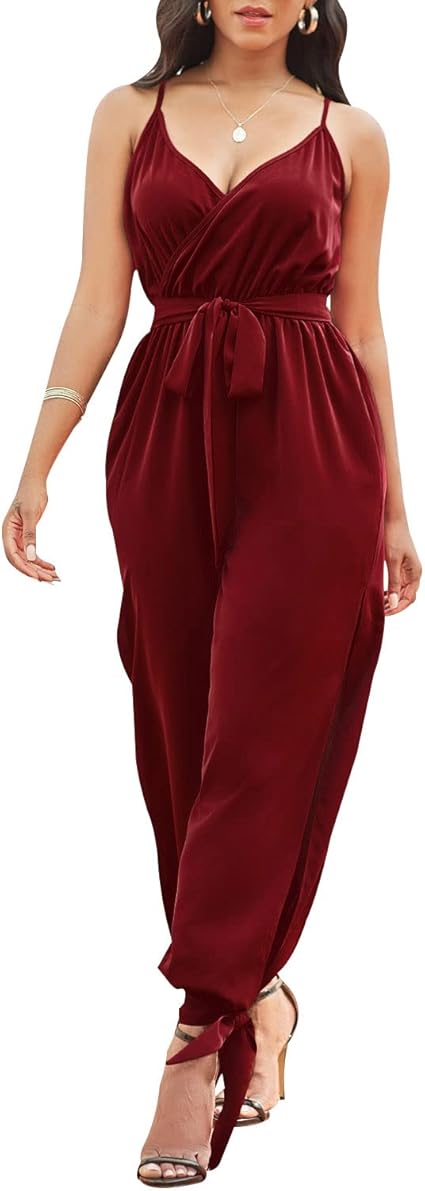 LUXEDIVA Womens V Neck Wrap Over Tie Waist Ankle Tie Jumpsuit Strappy Cam