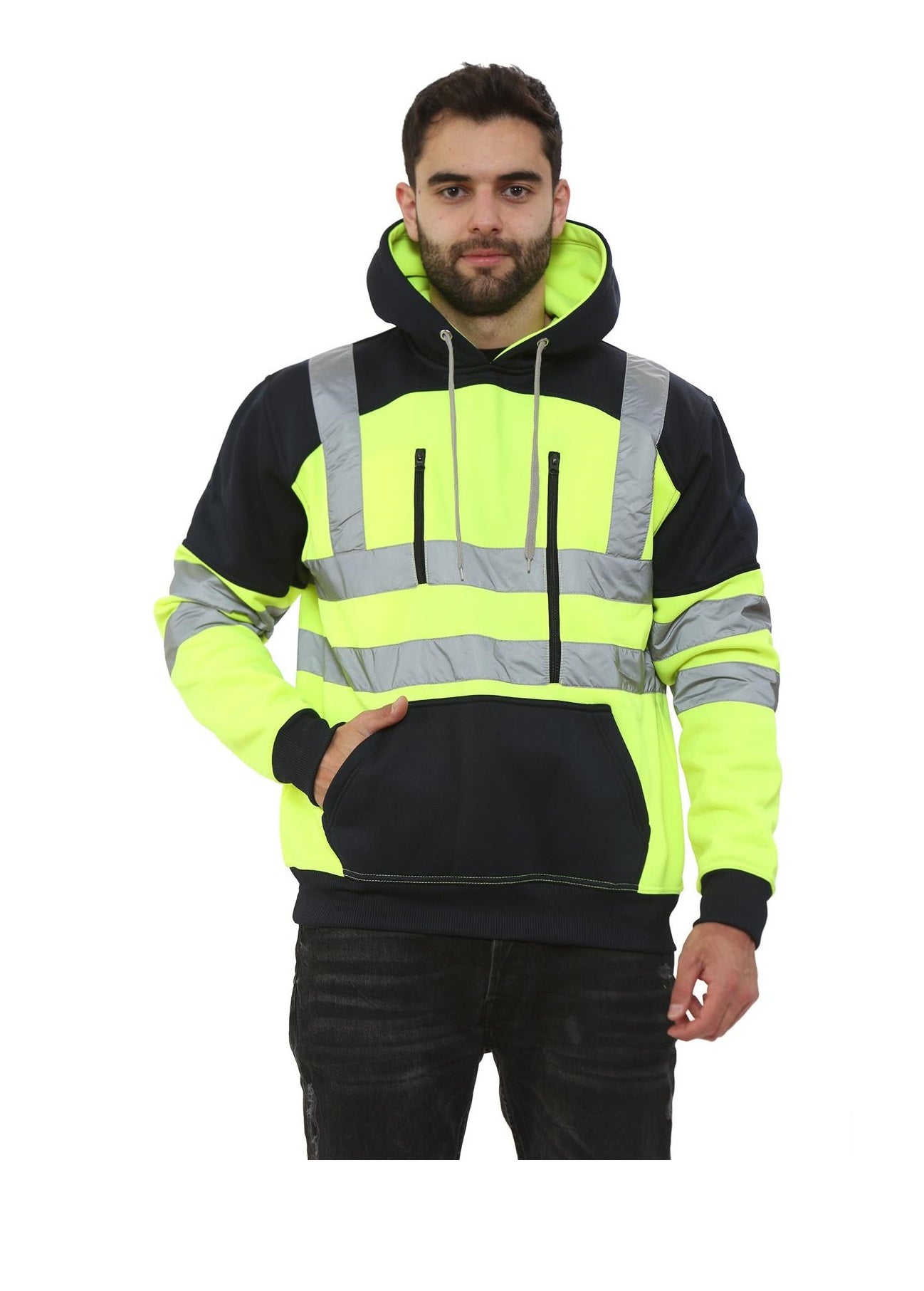 LUXE DIVA Adults Hooded Neck Zipper Sweatshirt Hi Vis Zip Up Tablet Hoodie Work Wear Warm Mens Outdoor Work Wear High Visibility Hooded Top Reflective Tape Winter Tunic