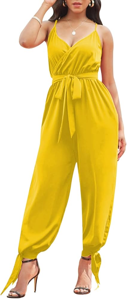 LUXEDIVA Womens V Neck Wrap Over Tie Waist Ankle Tie Jumpsuit Strappy Cam