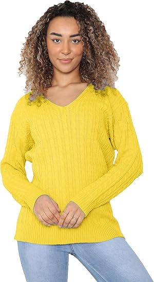 LUXE DIVA Women’s Long Sleeve V Neck Chunky Cable Knit Jumper for Ladies Casual Pullover Sweater for Women UK Size 8-22