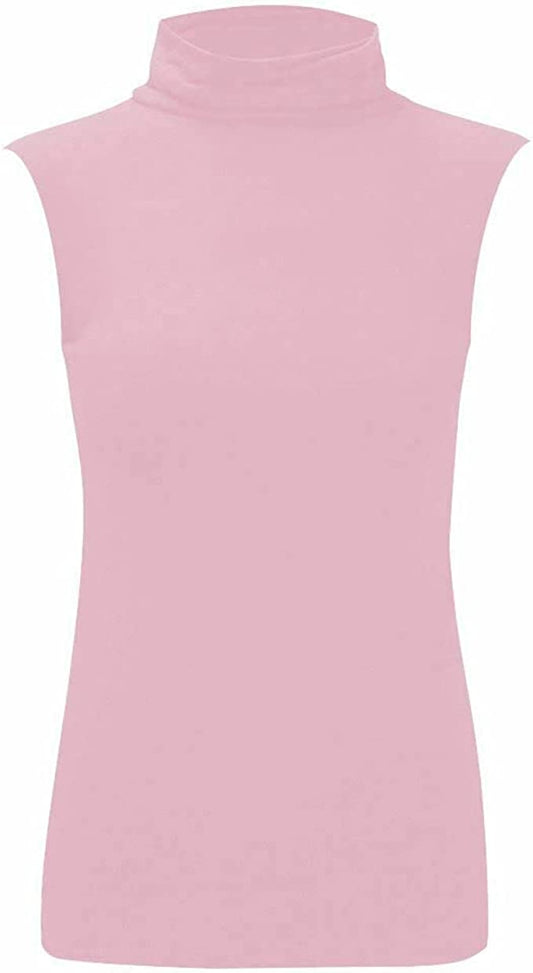 Women Turtle Neck Sleeveless Tops Bodycon Casual Shirt Jumper Top Plain Polo Neck, XL-XXXL