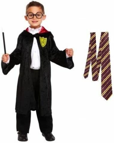 Childrens Kids Magic Wizard World Book Day Fancy Dress Costume Set Black Hooded Cape, Magic Wand, Glasses & Tie Outfits Deluxe Children's Kids Boys Wizard Robe, Tie, Glasses & Wand Book Week Day