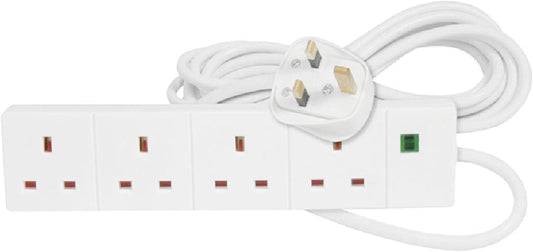 Extension Lead UK Pin Plug and Cable, 4 Gang Way 2m Power Adapter, Multi Socket Mains Strip White