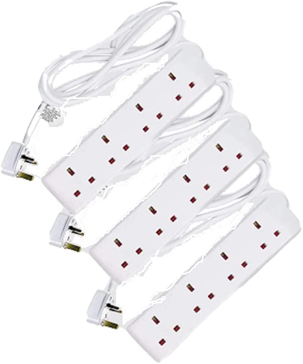 Extension Lead UK Pin Plug and Cable, 4 Gang Way 2m Power Adapter, Multi Socket Mains Strip White (3 Pack) (2, White)