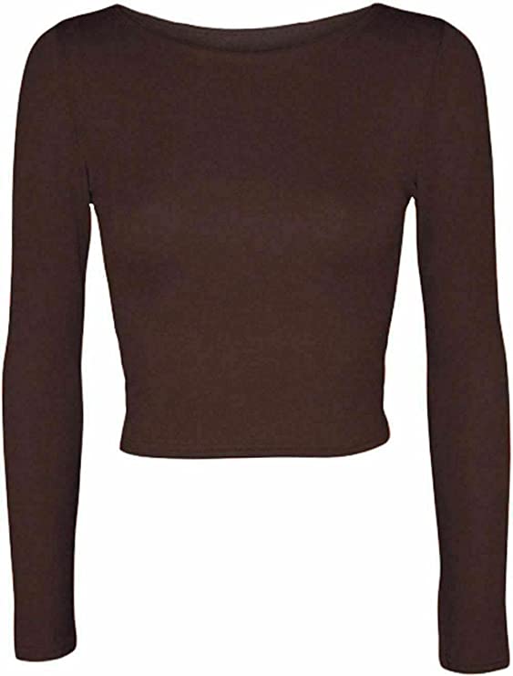 Womens Crop Long Sleeve T Shirt Ladies Short Plain Basic Round Neck Shirts Top 8-14